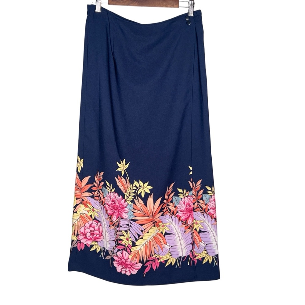 Sag Harbor Navy Faux Wrap Skirt Floral Print Hem Elastic Waist Midi Womens 14